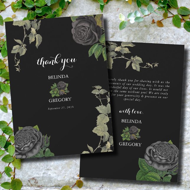 Cartão De Agradecimento Casamento de Rosas Negras do Halloween (Gothic Halloween Black Roses Wedding Thank You Card)