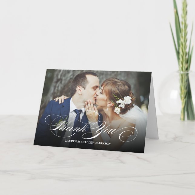 Cartão De Agradecimento Casamento de Roteiro Elegante Agradecendo com Cola (Frente)