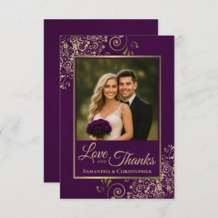 Cartão De Agradecimento Casamento de Roxo de Ameaça Elegante e Amor Dourad