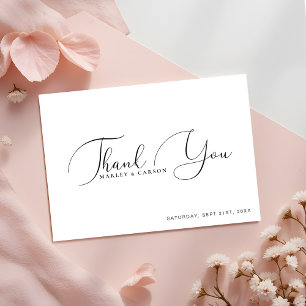 Cartão De Agradecimento Casamento de Script Branco Negro Minimalista Moder