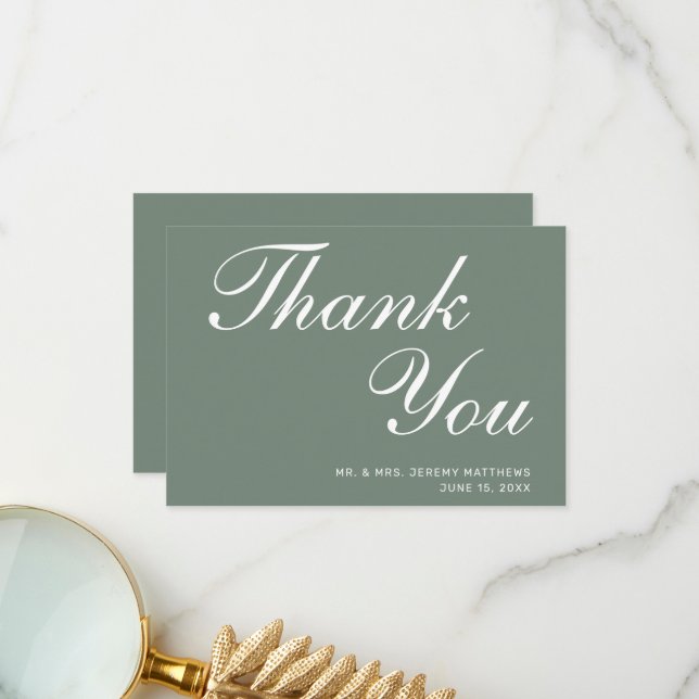 Cartão De Agradecimento Casamento de Script Branco Verde do Modern Sage (Frente/Verso In Situ)