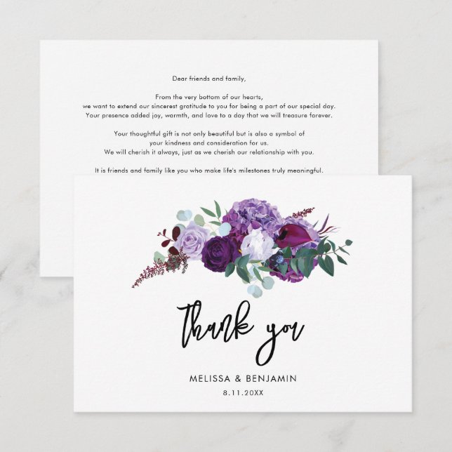Cartão De Agradecimento Casamento de Script de Aquarela Floral Roxo (Frente/Verso)