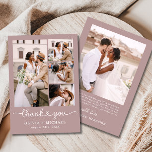 Cartão De Agradecimento Casamento de Script de Colagem de Fotos Mauve Pink