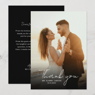 Cartão De Agradecimento Casamento de Script de Manuscrito Branco e Preto C