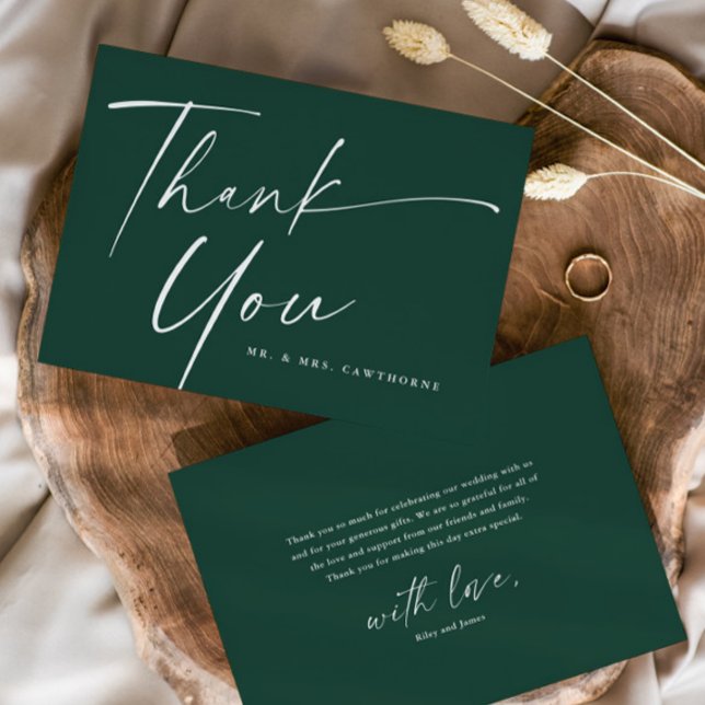 Cartão De Agradecimento Casamento de Script Elegante Moderno (Simple Modern handwritten Script Dark Forest Green Wedding Thank You Card.)