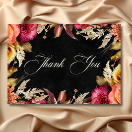 Cartão De Agradecimento Casamento de Script Floral Boho Boho Negra Elegant