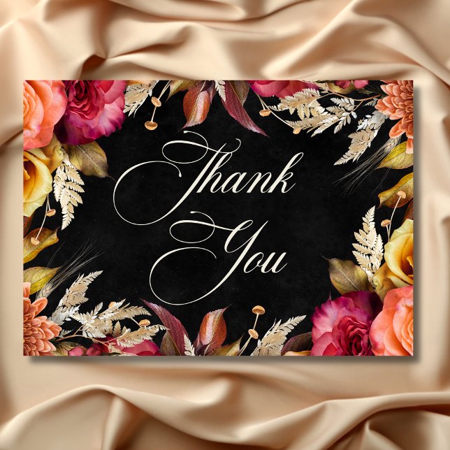 Cartão De Agradecimento Casamento de Script Floral Boho Boho Negra Elegant (Elegant Black Vibrant Boho Floral Script Wedding Thank You Card)