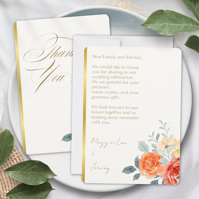 Cartão De Agradecimento Casamento de Script Floral Dourado Elegante (Criador carregado)