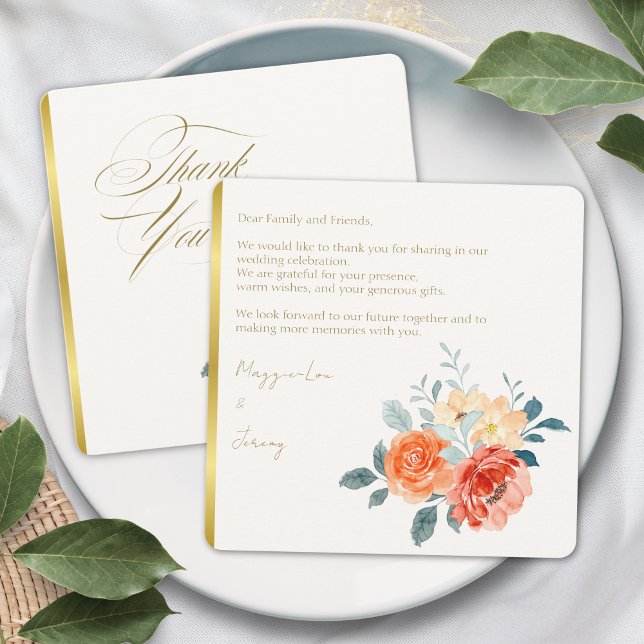 Cartão De Agradecimento Casamento de Script Floral Dourado Elegante (Criador carregado)