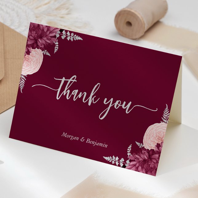 Cartão De Agradecimento Casamento de Script Floral Floral Burgundy Blush S (Criador carregado)