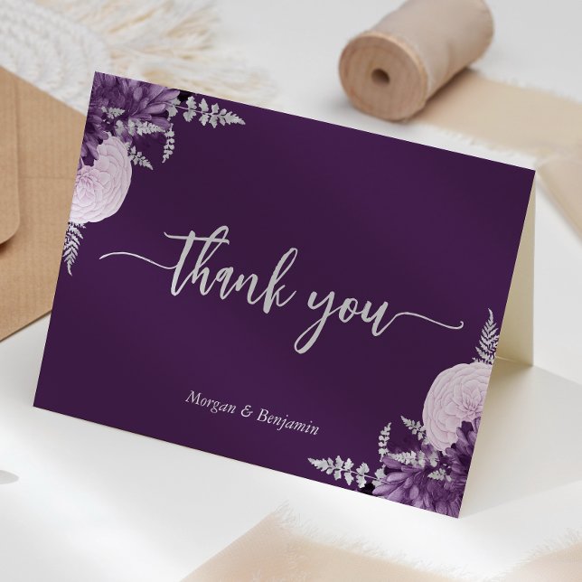 Cartão De Agradecimento Casamento de Script Floral Floral de Prata Lilac R (Criador carregado)