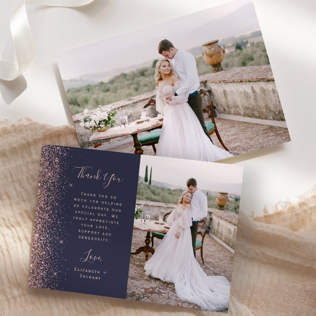 Cartão De Agradecimento Casamento de Script Glitter Dourado com Rosa Azul  (Criador carregado)