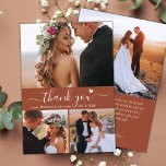Cartão De Agradecimento Casamento de Script Terracotta, Colagem de Fotos E<br><div class="desc">Cartões de agradecimentos de Casamento Terracotta, Colagem de Fotos 3, Manuscrito Moderno Minimalista Boho Elegante Moderno. modelo de cartões de agradecimentos de casamento com 3 (três) fotos na frente e 1 (uma) foto na parte traseira. Com o texto "Obrigado" em uma risca de letra tipografia, escrita com letras suaves, com...</div>