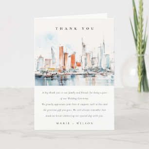 Cartão De Agradecimento Casamento de Skyline Watercolor em Miami Florida