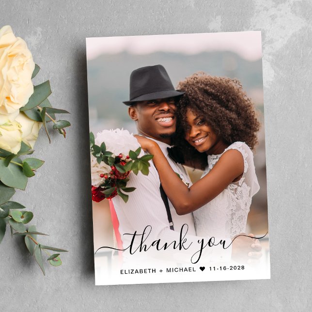 Cartão De Agradecimento Casamento de Sobreposição de Fotografias de Script (Upload a photo reflecting the love and joy of your wedding day)