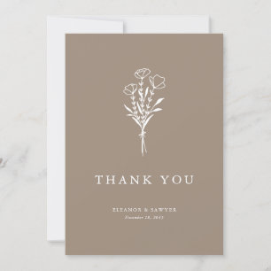 Cartão De Agradecimento Casamento de Taupe com Buquê Floral Minimalista