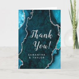 Cartão De Agradecimento Casamento de Téal Blue e Silver Agate Marble