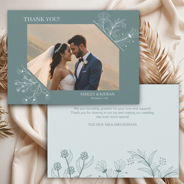 Cartão De Agradecimento Casamento de Teal Floral Elegante (Criador carregado)