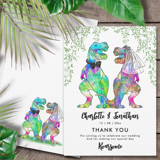 Cartão De Agradecimento Casamento De Tema Dinossauro Obrigado (Dinosaur wedding funny colorful T-Rex bride and groom and Jurassic jungle foliage wedding thank you)