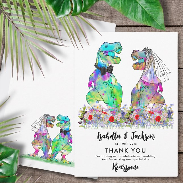 Cartão De Agradecimento Casamento De Tema Dinossauro Obrigado (Funny T-Rex bride and groom dinosaur wedding thank you card with colorful wildflowers)