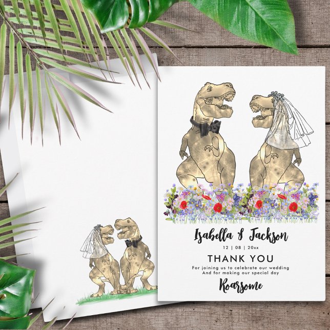 Cartão De Agradecimento Casamento De Tema Dinossauro Obrigado (Dinosaur wedding funny T-Rex Bride and Groom colorful wildflower thank you card)