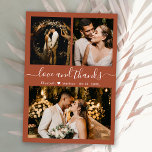 Cartão De Agradecimento Casamento de Terracotta com Obrigados e Amor<br><div class="desc">Elegante, Moderno Terracotta Mão Que Afetou O Cartões de agradecimentos De Casamento Da Colagem De Fotos. modelo de cartões de agradecimentos de casamento com três fotos na frente e uma foto na parte traseira. Com o texto "Amor e obrigados" numa letra de escrita tipográfica, escrita à mão, robusta, em terracota...</div>