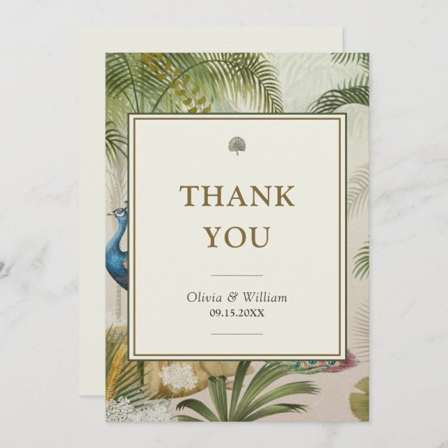 Cartão De Agradecimento Casamento de Vazio Tropical Peacock Palm 5x7 Obrig (Frente/Verso)