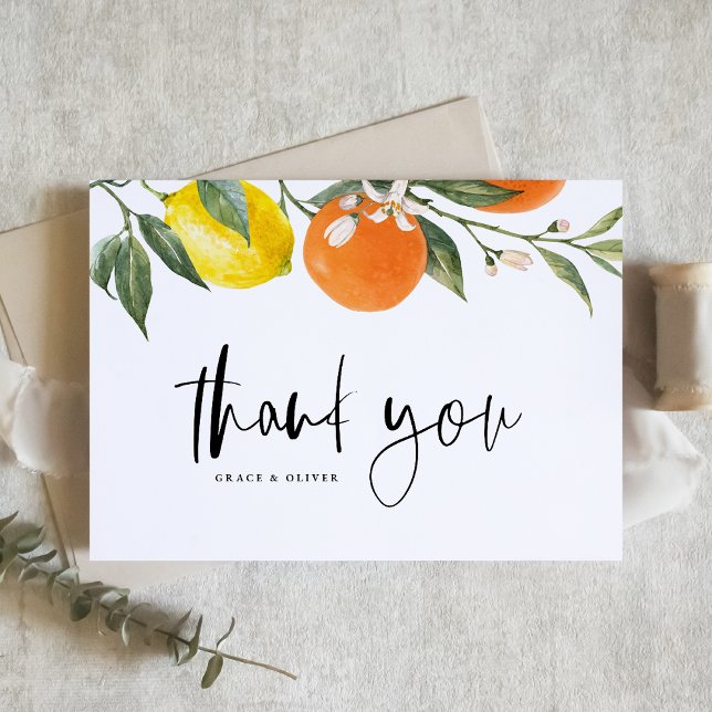 Cartão De Agradecimento Casamento de Verão com Laranja Botânico e Limão (Botanical Orange and Lemon Summer Wedding Thank You Card)