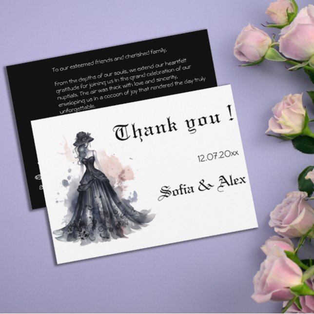 Cartão De Agradecimento Casamento de vestido preto de gótico d'água salve  (Watercolor goth black dress wedding save the date thank you card.)