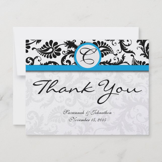 Cartão De Agradecimento Casamento do Black Damask Aquamarine Obrigado (Frente)