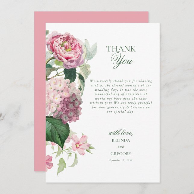 Cartão De Agradecimento Casamento do Jardim das Flores Rosa Romântica com  (Frente/Verso)