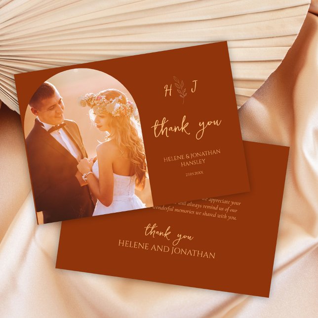 Cartão De Agradecimento Casamento do Monograma de Foto Laranja Queimada Mo (Modern Burnt Orange Photo Monogram Wedding Thank You Card)