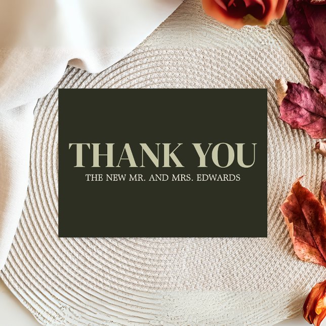 Cartão De Agradecimento Casamento do Monograma Moderno Verde Oleícola (Olive Green Modern Monogram Wedding Thank you Card)