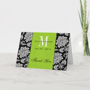 Cartão De Agradecimento Casamento do Monograma Verde Black Damask Obrigado
