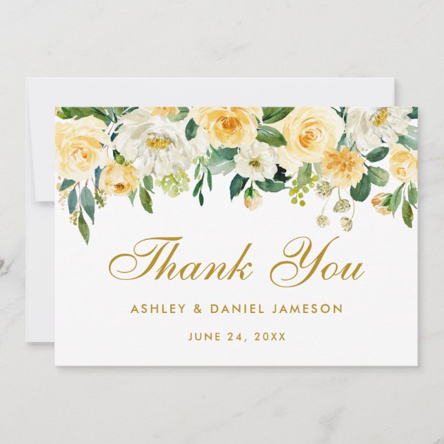 Cartão De Agradecimento Casamento Dourado Amarelo Floral Obrigado (Frente)