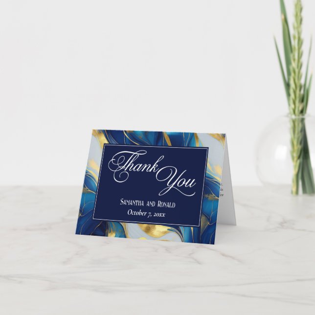 Cartão De Agradecimento Casamento Dourado, Azul e Branco Elegante Obrigado (Frente)