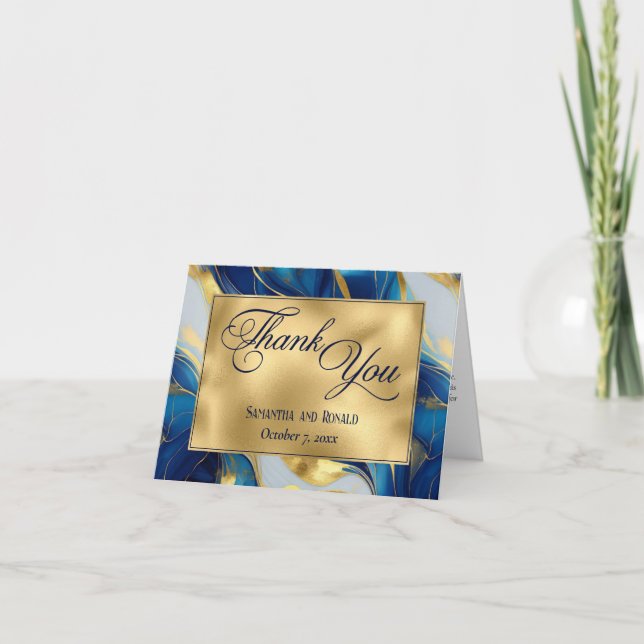 Cartão De Agradecimento Casamento Dourado, Azul e Branco Elegante Obrigado (Frente)