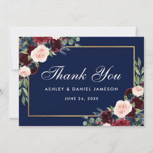 Cartão De Agradecimento Casamento Dourado Azul Floral Burgundy