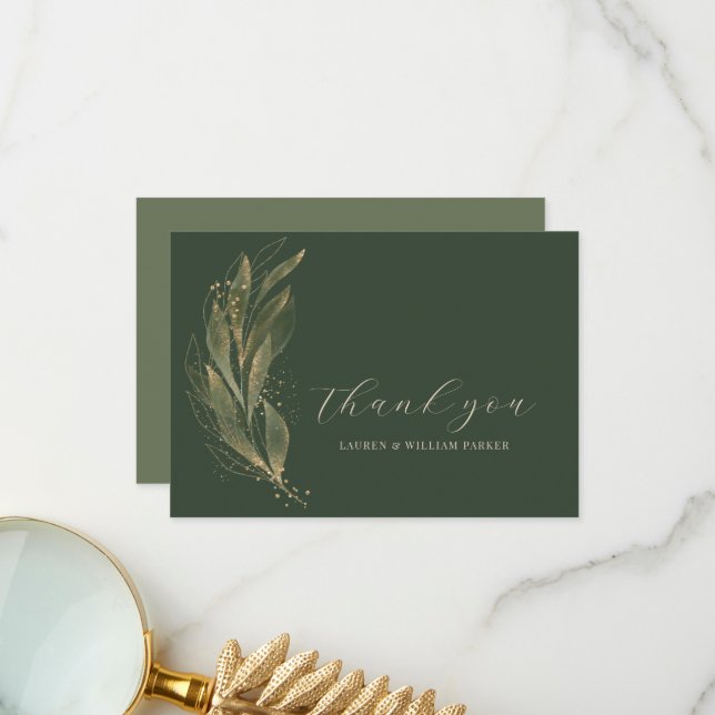 Cartão De Agradecimento Casamento Dourado com Folha Elegante Greenery (Frente/Verso In Situ)