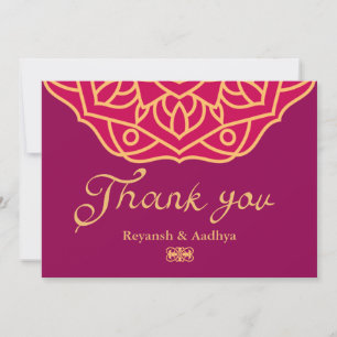 Cartão De Agradecimento Casamento Dourado com Magenta Mandala Indiano