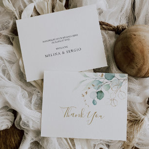 Cartão De Agradecimento Casamento Dourado da Caligrafia Eucalyptus Verde