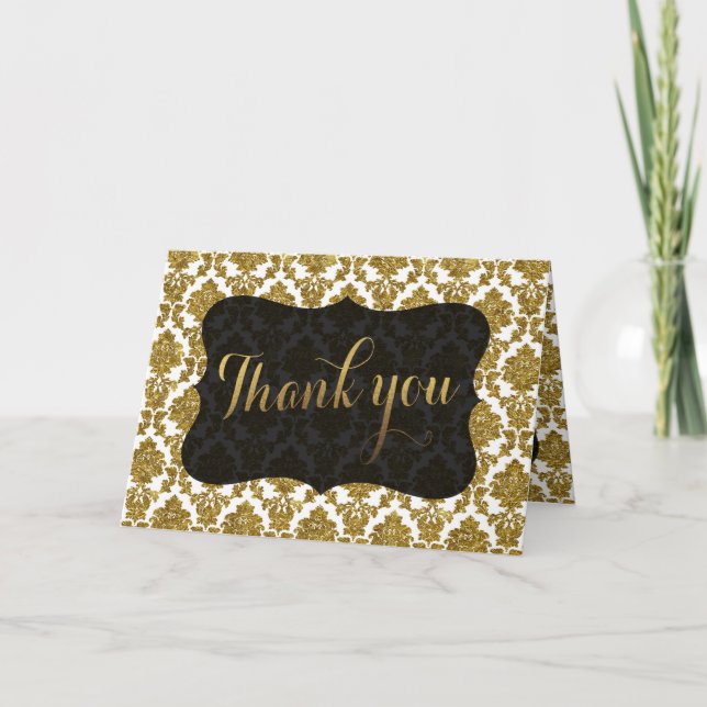 Cartão De Agradecimento Casamento Dourado Damask Gold Foil, Glamorous, Obr (Frente)