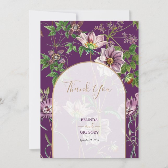 Cartão De Agradecimento Casamento Dourado de Arca com Verde Floral Roxo (Frente)