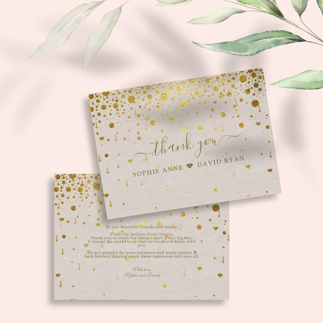 Cartão De Agradecimento Casamento Dourado de Confetti com Couro Branco Ele (wedding thank you, elegant trendy wedding gold thank you, modern confetti leather wedding)
