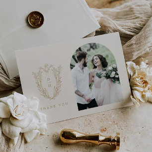 Cartão De Agradecimento Casamento Dourado de Foto com Creme Botânico Flat
