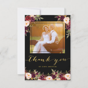 Cartão De Agradecimento Casamento Dourado de Foto Floral Black Burgundy Ob