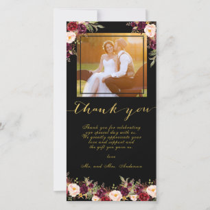 Cartão De Agradecimento Casamento Dourado de Foto Floral Black Burgundy Ob