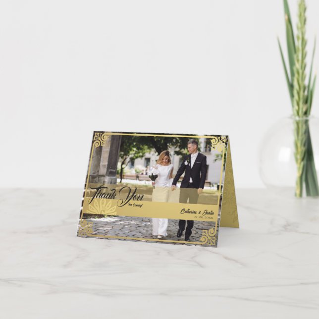 Cartão De Agradecimento Casamento Dourado de Fotografia Pavão em Deco Mode (Frente)