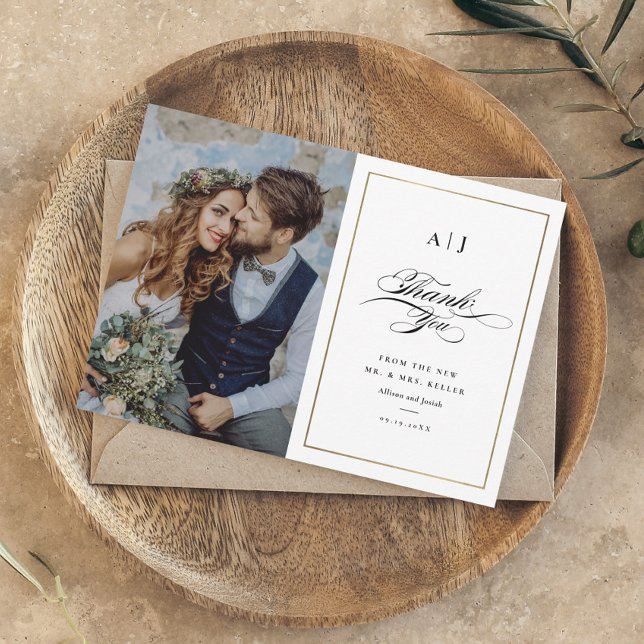 Cartão De Agradecimento Casamento Dourado de Fotografias do Monograma Eleg (Criador carregado)