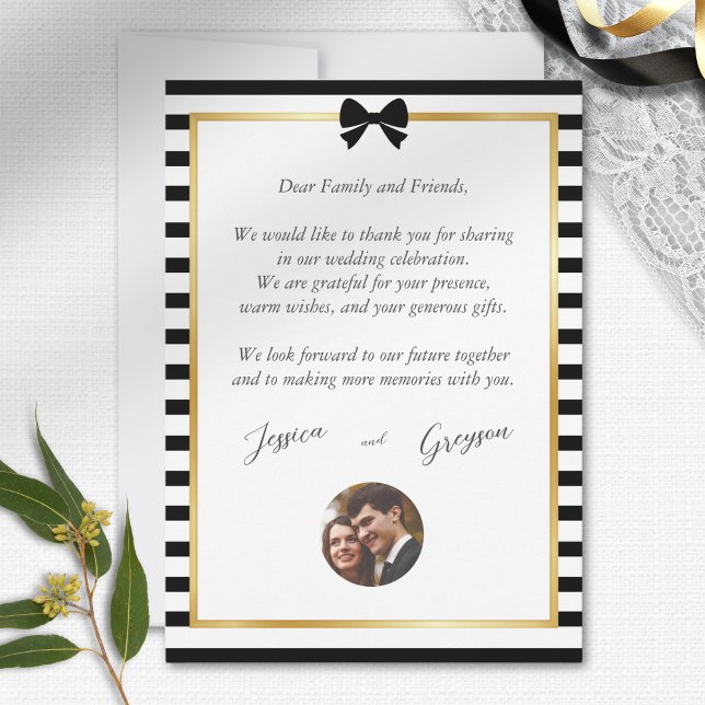 Cartão De Agradecimento Casamento Dourado de Frame  de Stripe Negra Elegan (Criador carregado)